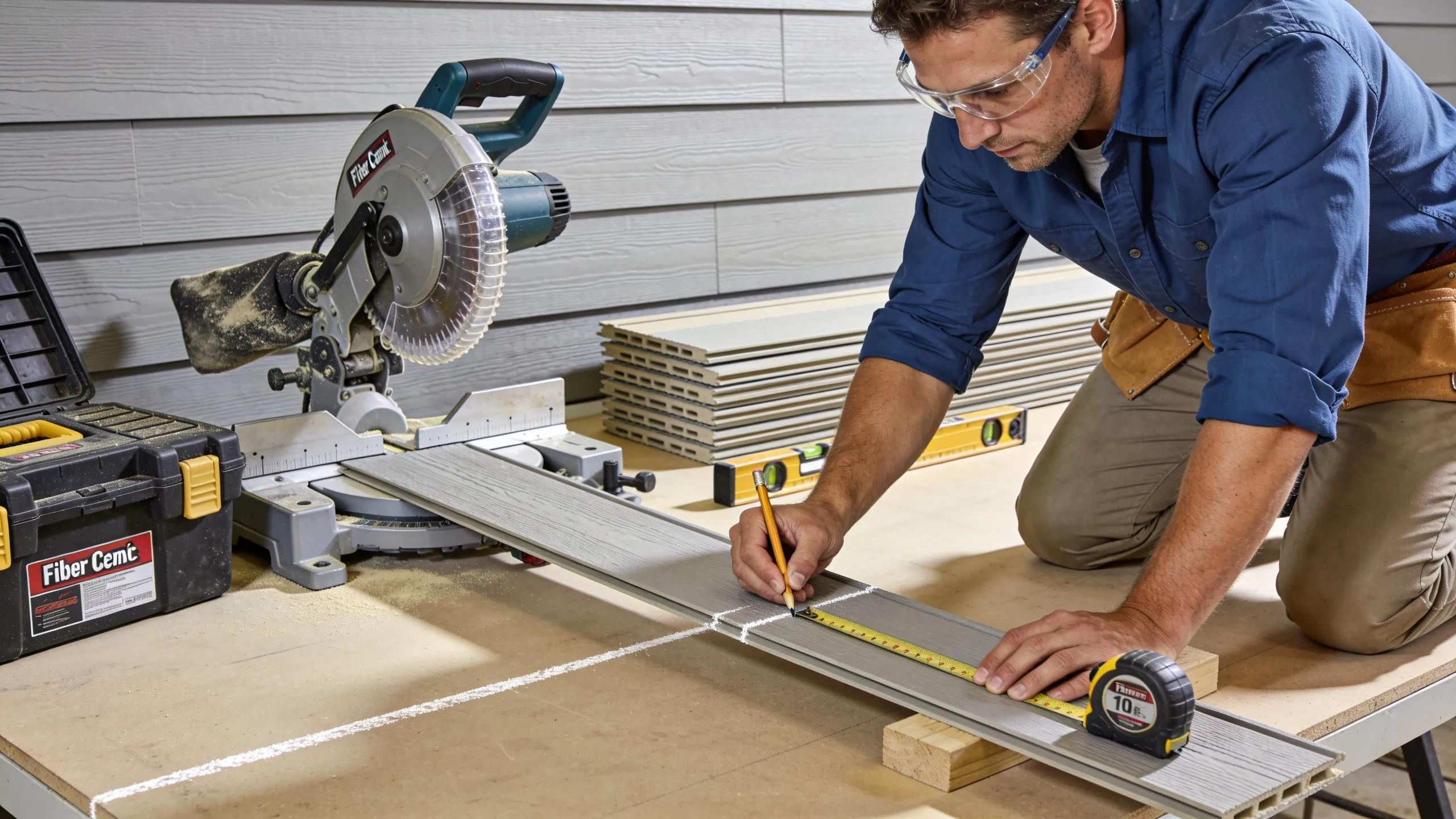 Contractor preparing fiber cement siding panels during the installation process