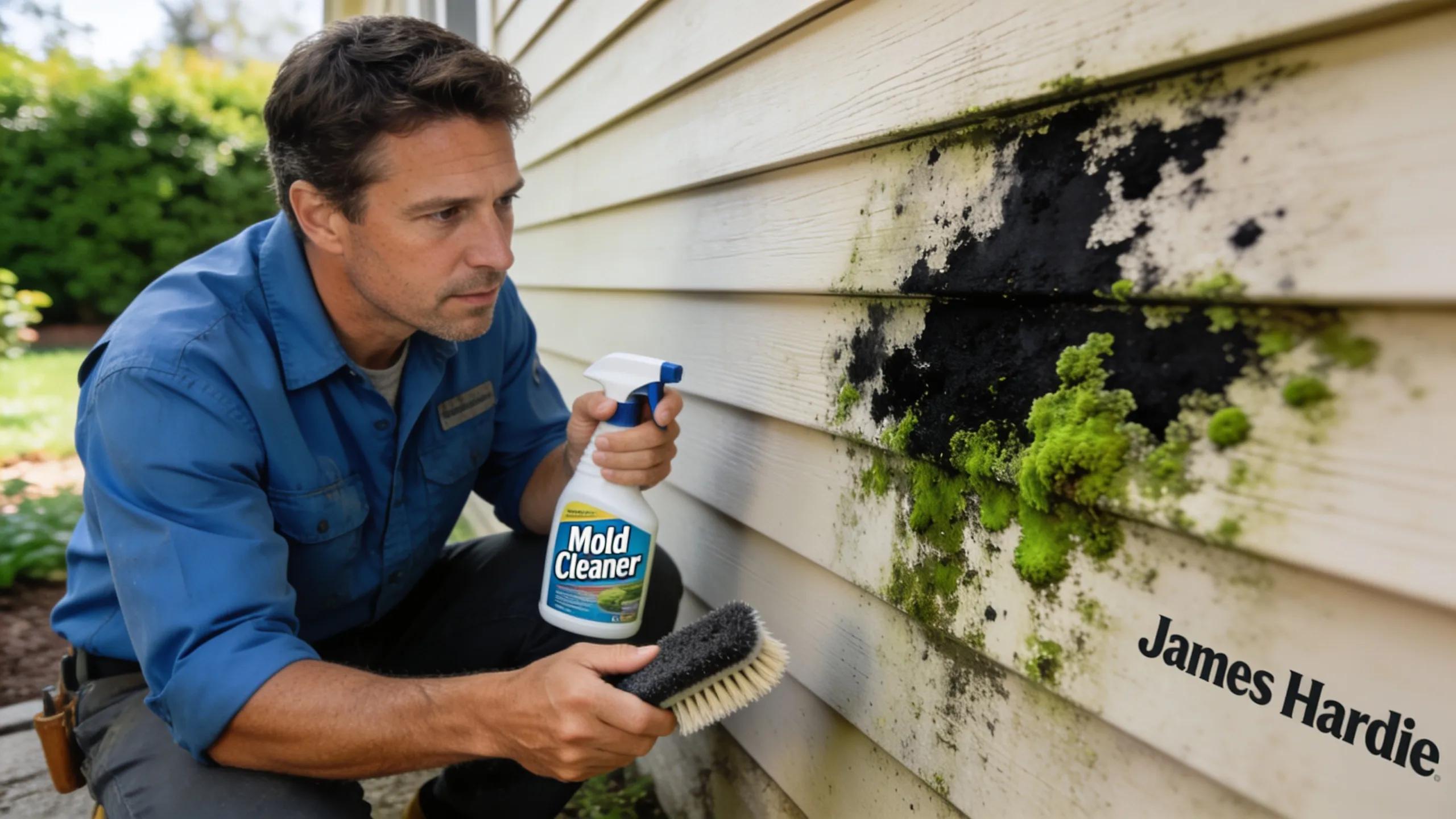 Close-up of James Hardie siding with mold growth being inspected for treatment and cleaning