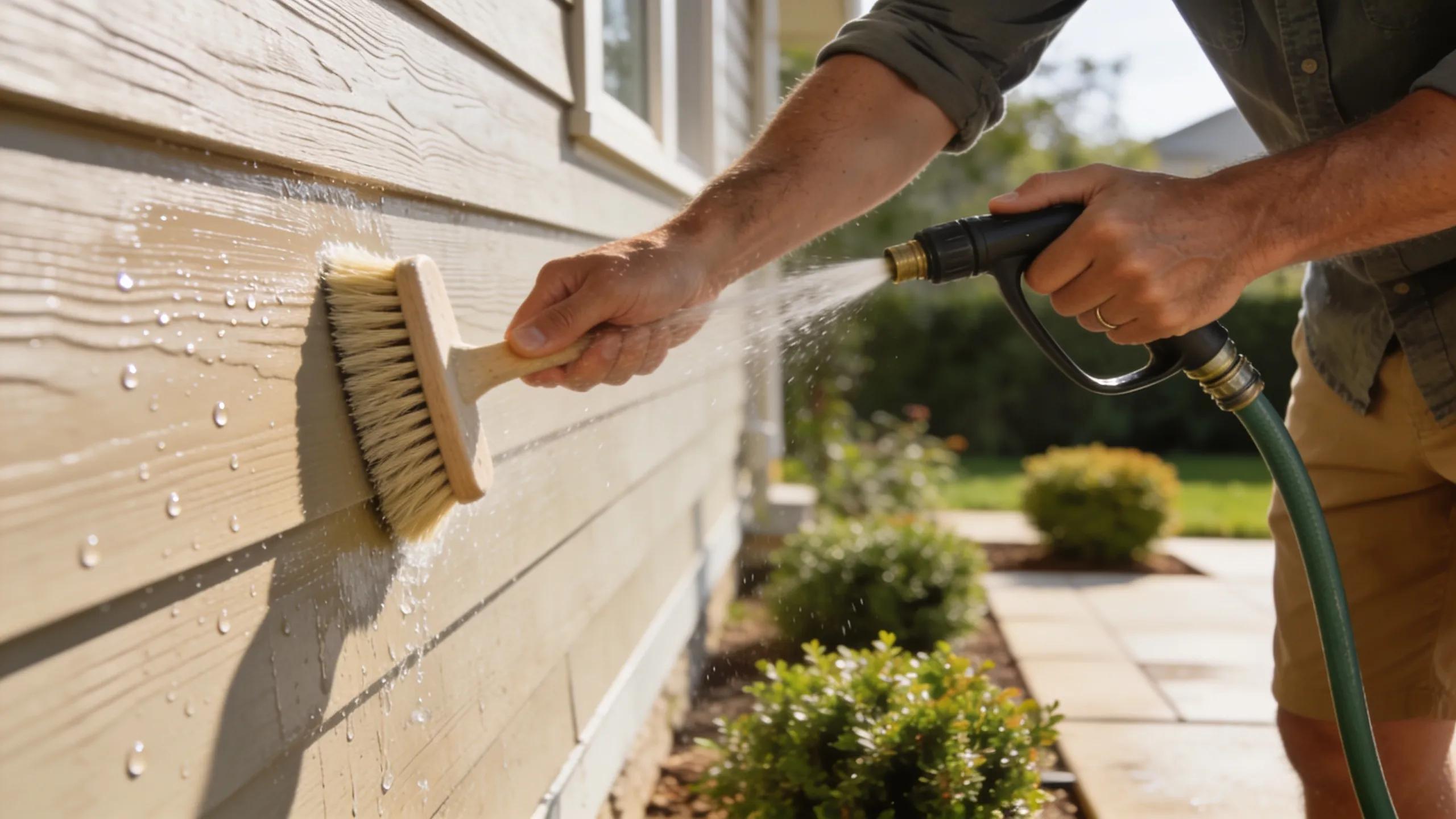 Homeowner cleaning low-maintenance Hardie Board siding effortlessly in a serene setting