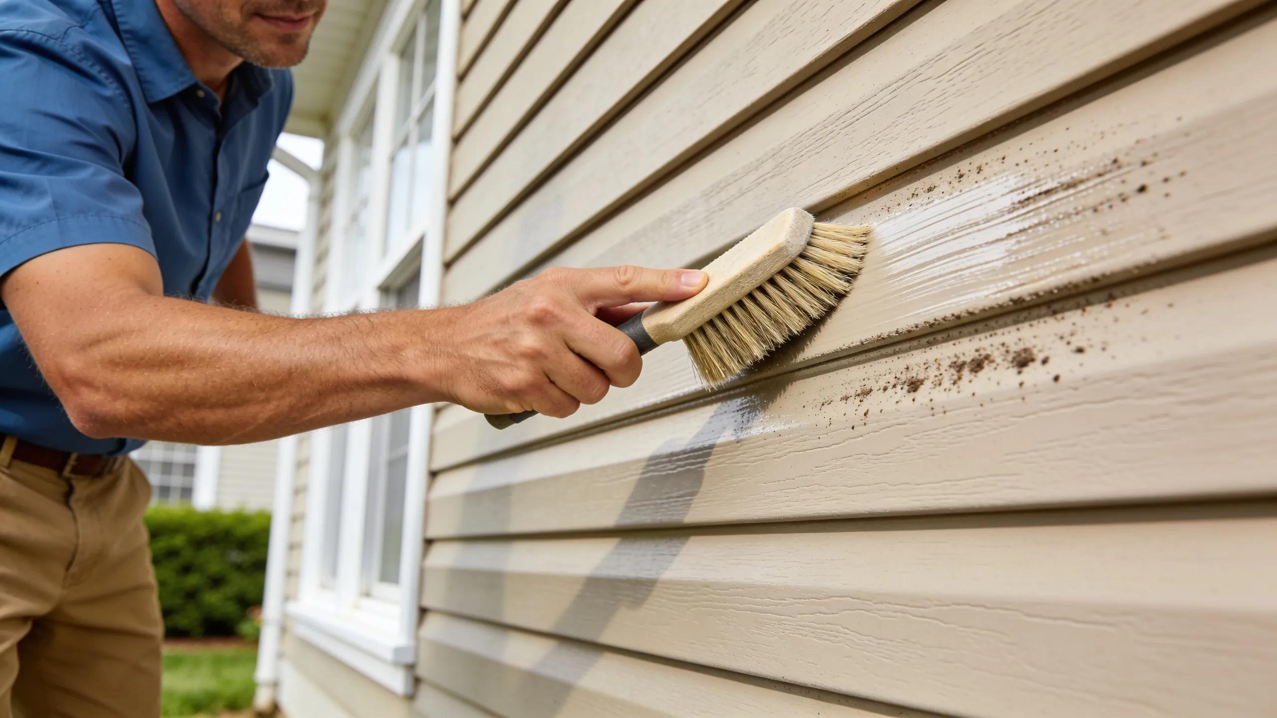 Homeowner using a soft-bristle brush to clean James Hardie siding effectively