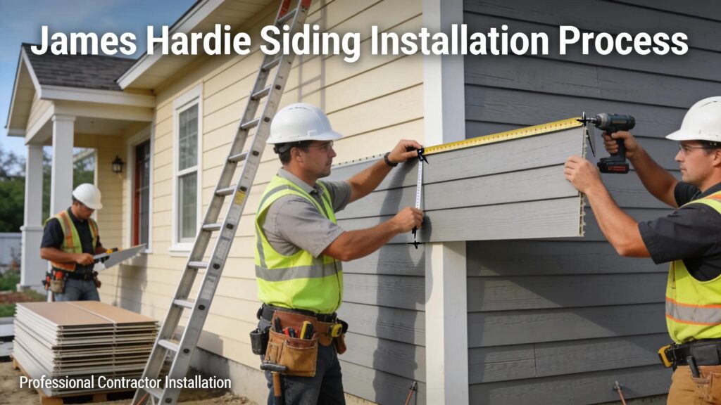 James Hardie siding installation process with professional contractors working on a residential house