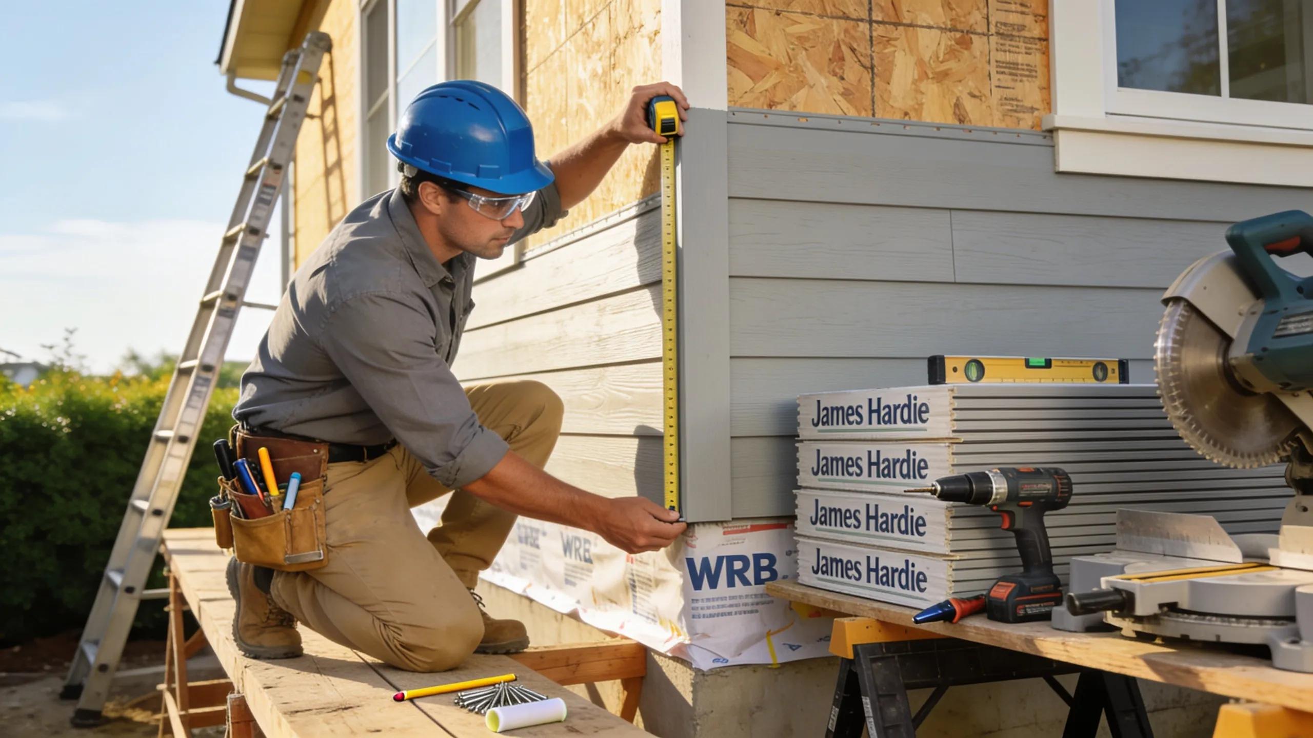 Construction worker measuring James Hardie siding during installation process