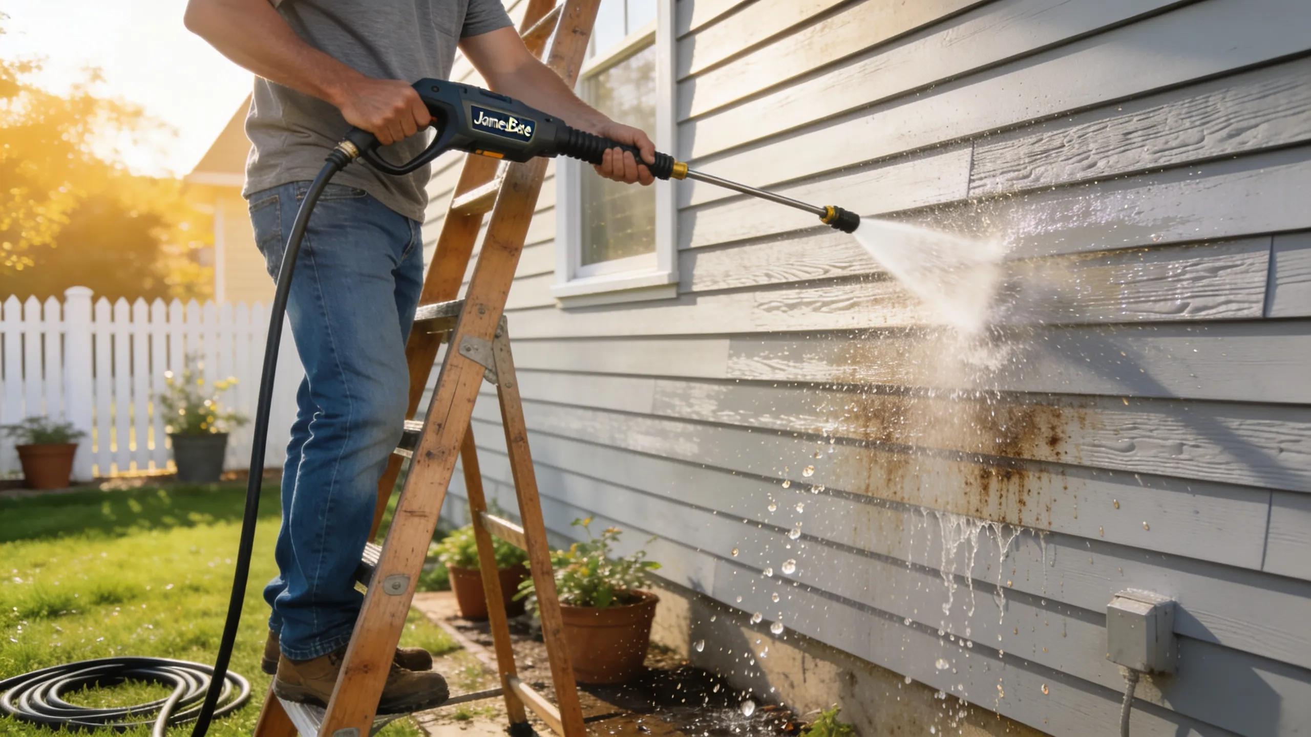 Homeowner cleaning James Hardie siding with a power washer, showcasing maintenance tips for longevity